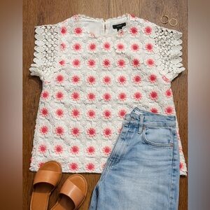 J. Crew White and Pink Floral Lace Blouse